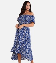 Mela Blue Floral Bardot Dip Hem Maxi Dress